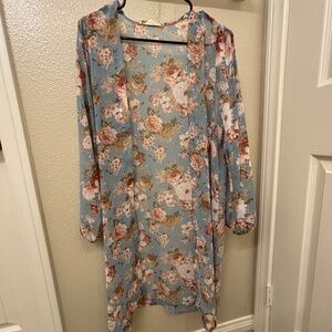 Teal flower chiffon kimono